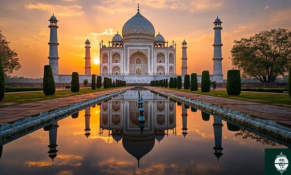 Majestic sunset view of the Taj Mahal with reflection in water.