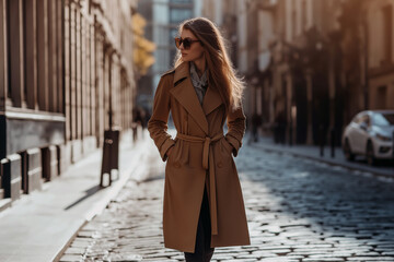 Obraz premium Woman in mocha trench coat walking down a cobblestone street on a sunny day.