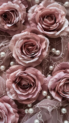 A stunning close-up of dusty pink roses intertwined with delicate white pearls