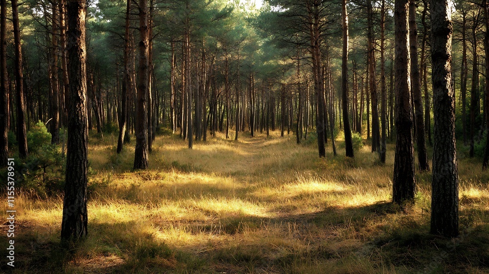 Aufkleber serene sunlit path through a dense pine forest during daytime : generative ai