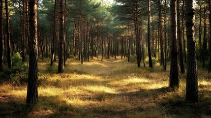 Obraz premium Serene Sunlit Path Through a Dense Pine Forest During Daytime : Generative AI