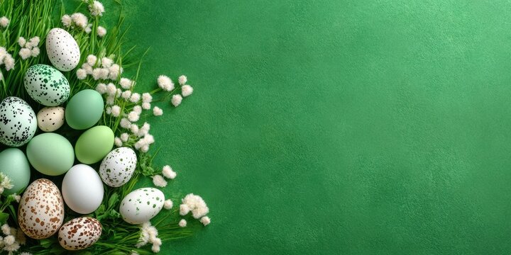 A vibrant display of colorful Easter eggs surrounded by beautiful blossoms set against a lush green background captures the essence of spring and the joy of celebration and family gatherings