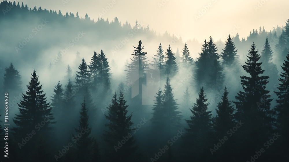Poster misty forest landscape capturing mysterious and enchanting morning atmosphere with tall pine trees :