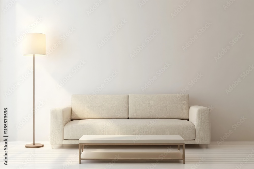 Aufkleber a simple and elegant living room featuring a beige sofa, a sleek standing lamp, and a low rectangula
