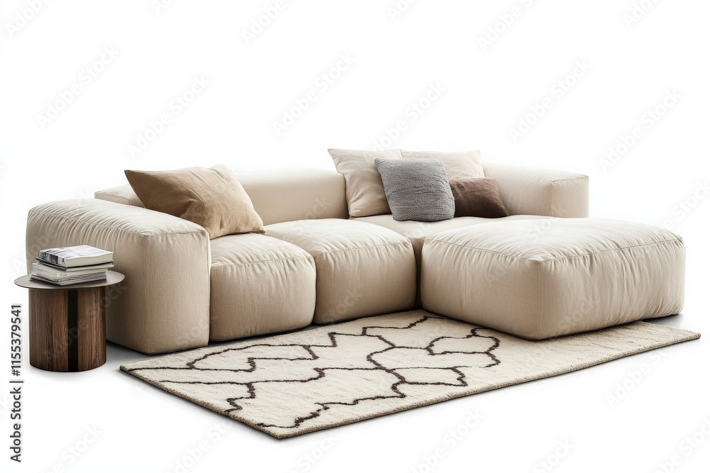 Aufkleber a plush white sofa adorned with neutral cushions sits atop a patterned rug, next to a small wooden s