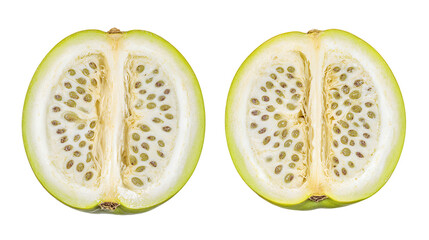 A cross-section of a green fruit isolated on a white background, png transparent, showcasing its seeds and inner texture.