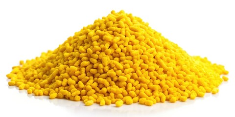 Yellow carp fish food granules, perfectly isolated on a crisp white background. High-resolution image for pet supply sites.