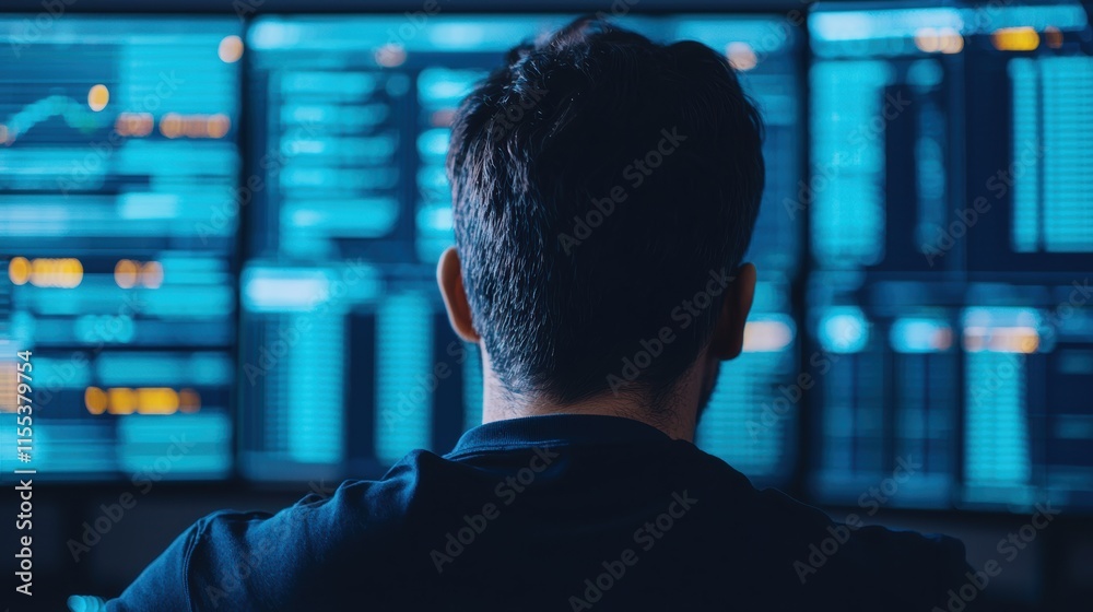 Aufkleber Financial analyst working late, analyzing data on multiple computer screens in a dark office, focused on market trends and investment strategies