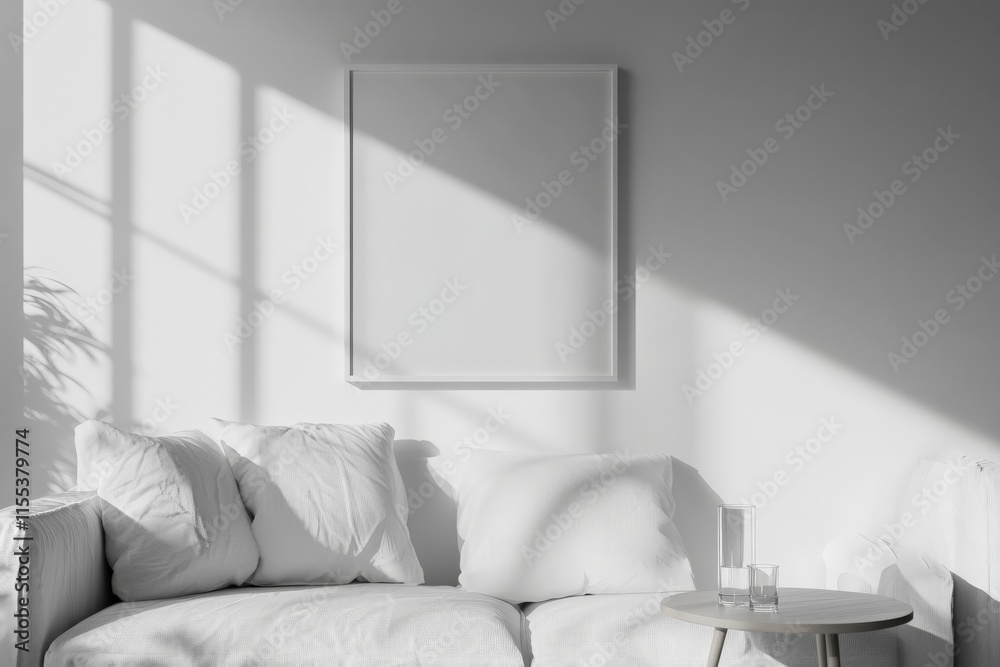 Poster a bright and airy minimalist living space features a simple white sofa and a side table, accented by