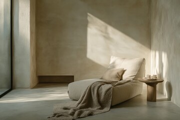 A minimalist chaise lounge covered in soft fabric sits gracefully in a corner bathed in warm sunlight, accompanied by a small elegant side table.