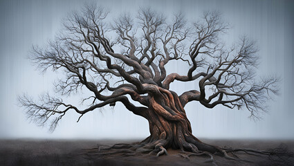 A magnificent tree in winter, devoid of leaves, with a contorted trunk and sprawling, twisted branches, isolated perfectly on a transparent background.
