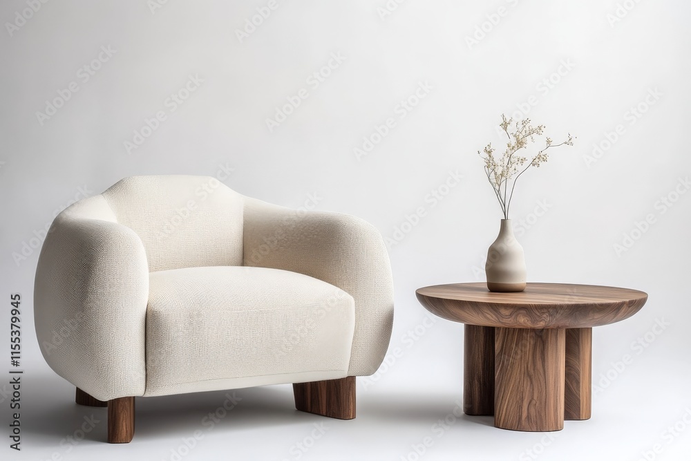 Aufkleber a scandinavian-style scene focuses on a soft-textured armchair and a minimalist wooden table, paired