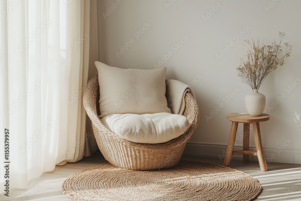 Poster A cozy wicker chair with a cushion is positioned by a light-filled window, draped with a soft blanket, beside a woven rug and a wooden side table with a plant.