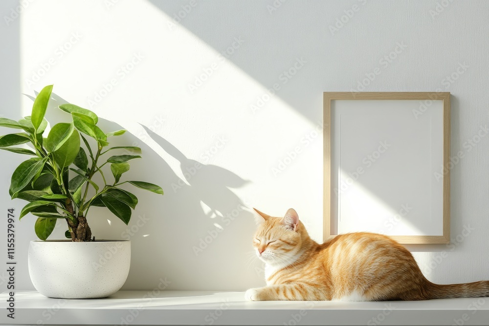 Poster a tranquil and cozy scene with a content orange cat napping next to a potted plant on a white surfac