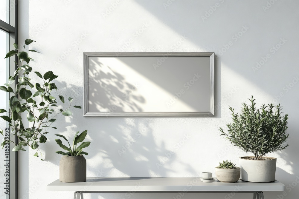 Poster A minimalist scene showcasing a bright shelf with an empty horizontal frame and assorted potted plants, highlighting simplicity and natural beauty in interior design.
