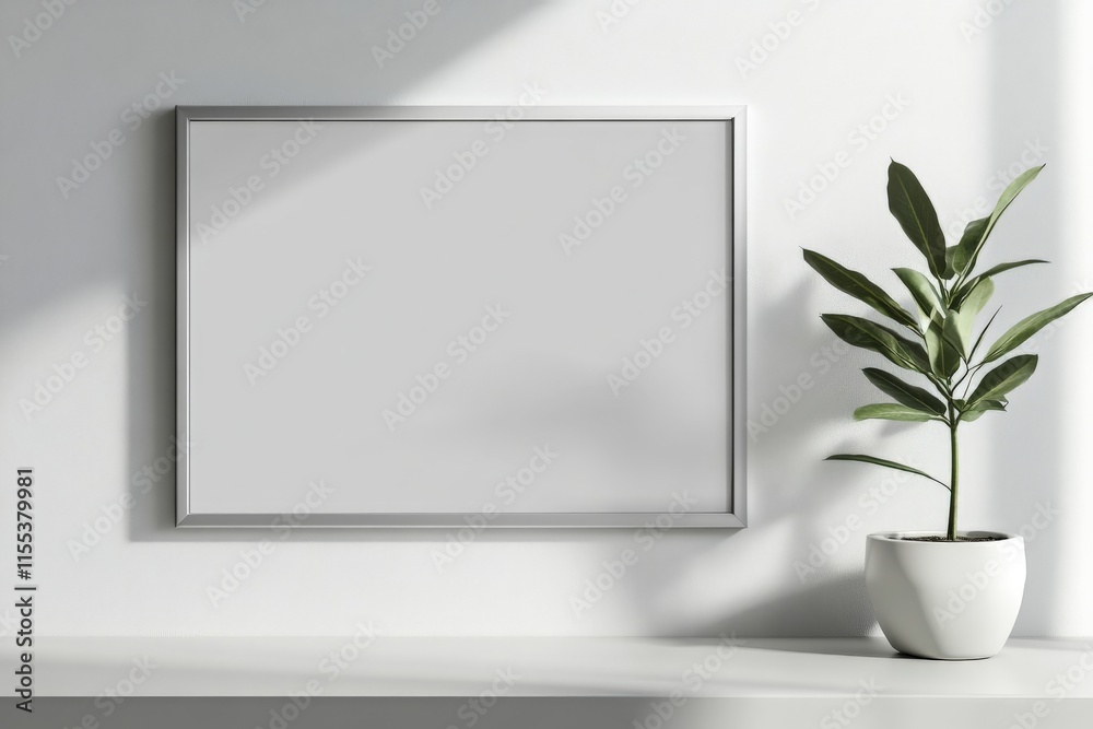 Poster a minimalist interplay of a plain white wall contrasted with a sleek silver frame and a single potte