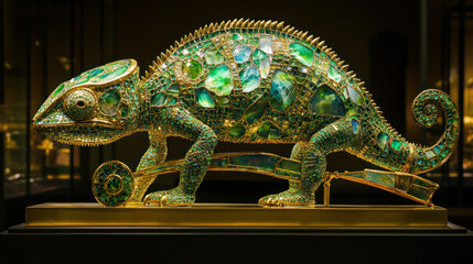 Obraz premium Jeweled chameleon sculpture, gold, green gems.