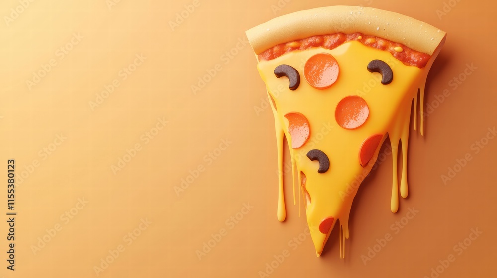 Aufkleber Delicious pizza slice with vibrant toppings and cheese drips on minimalist background, creating a tempting visual treat. Generative AI