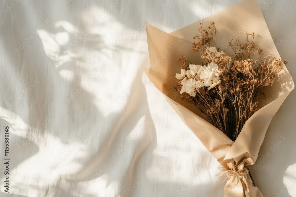 Aufkleber the image shows a sunlit bouquet of dried flowers laid on a soft fabric background, capturing the in