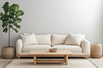 Fototapeta premium A contemporary living area adorned with stylish decor, featuring a comfortable sofa, large potted plant, and elegant accents under a blanket of natural light.