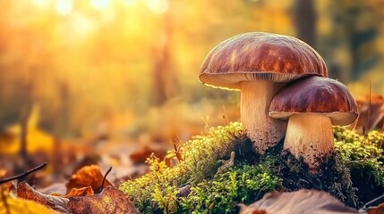 Art cep Porcini mushroom on the moss in sunny autumn forest. Autumn Nature background. 