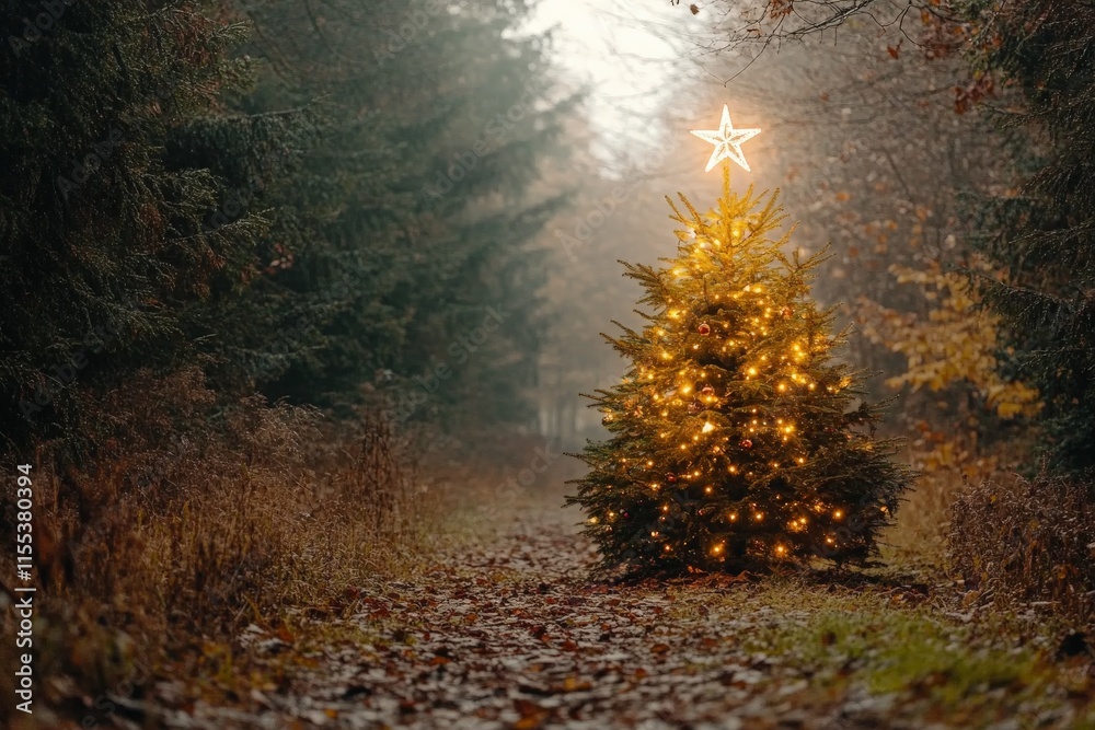 Poster a brightly lit christmas tree stands on a forest path, creating a whimsical and serene atmosphere wi