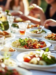 Delicious Outdoor Dinner Setting with Fresh Salads and Appetizing Party Dishes : Generative AI