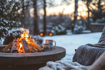 A cozy fire pit warmly burns in a snowy outdoor setting, accompanied by mugs of hot drinks, inviting warmth and relaxation amidst a winter wonderland landscape.