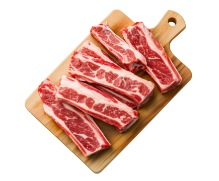 raw beef ribs stacked on a cutting board, red meat pieces, beef cuts, cutout png