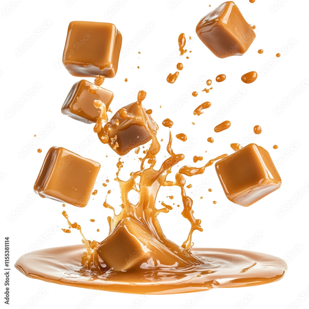 Poster Caramel candies splashing isolated transparent background