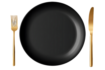 Elegant black plate paired with a golden fork and knife. A stylish table setting, perfect for luxurious dining or special occasions. Isolated on transparent background, png.