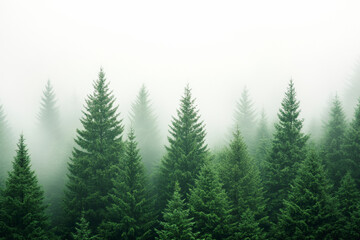 Serene evergreen forest enveloped in mist, highlighting tranquility and natural beauty. Experience the peaceful allure of lush greenery.