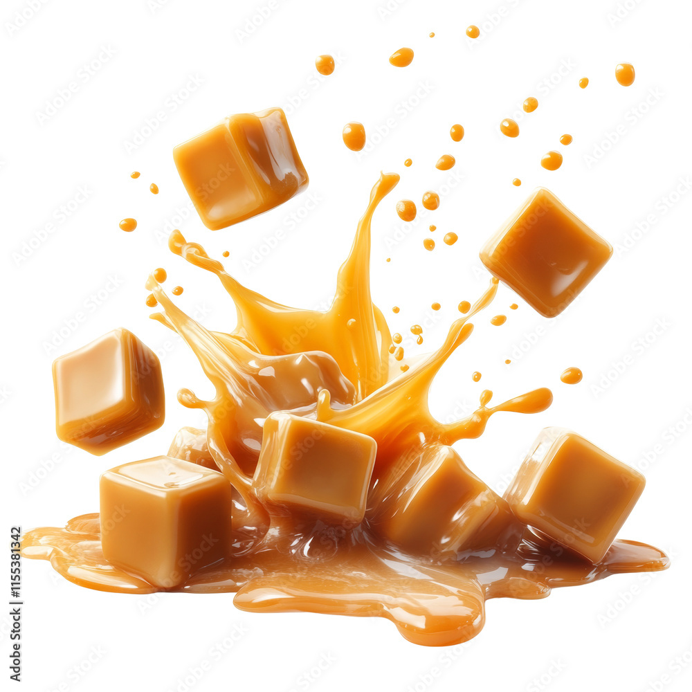 Poster caramel candies splashing isolated transparent background