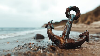 A weathered rusty anchor on a sandy beach near the ocean, depicting a serene and rustic maritime scene with a focus on the strong, aged metal structure.