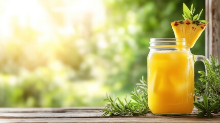 A refreshing pineapple drink in a mason jar with a pineapple slice, garnished with herbs, sits on a wooden table, basking in warm sunlight and green background.
