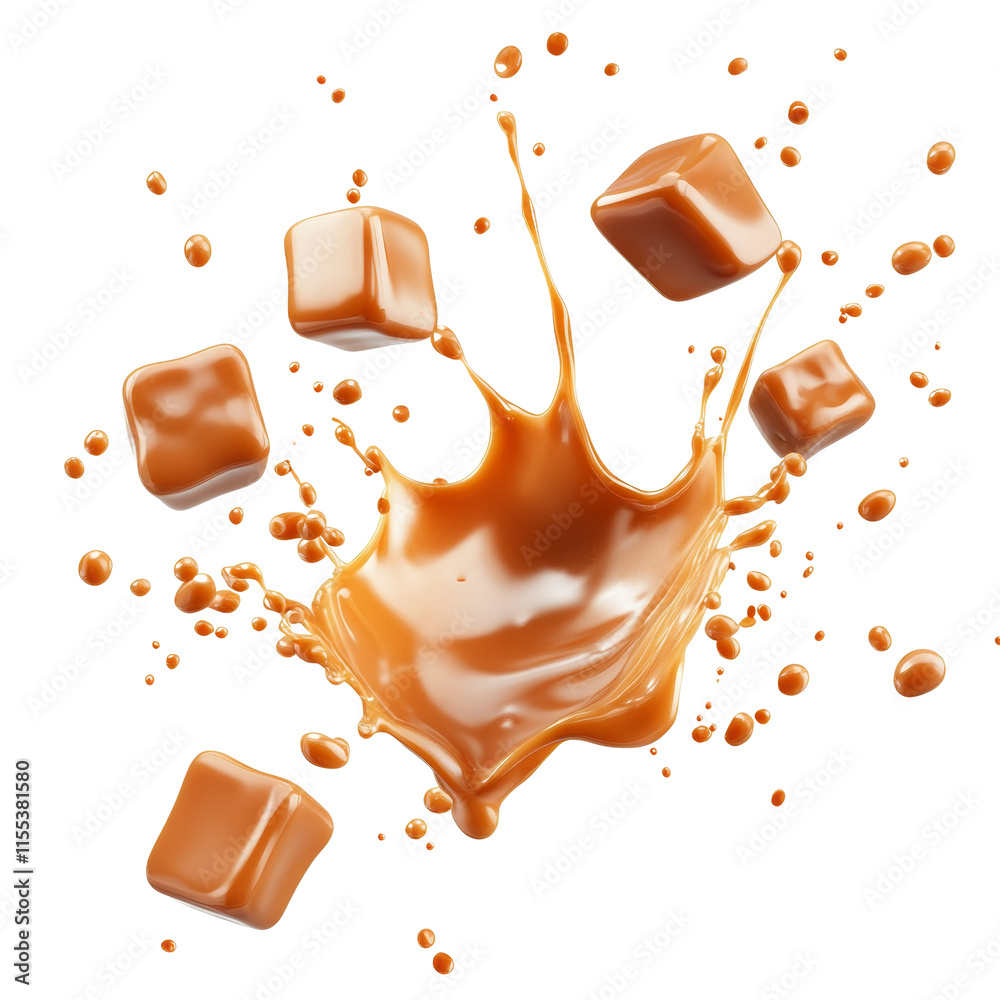 Poster caramel candies splashing isolated transparent background