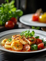 Gourmet Seared Fish With Fresh Tomato and Herb Garnish in White Plate : Generative AI