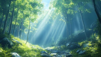 A serene forest scene with sunlight filtering through trees, creating a tranquil atmosphere.