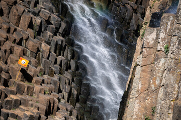 Basaltic Prisms, National Park with Waterfall geometric formations, Pleistocene era, Natural wonder. Hidalgo, Mexico