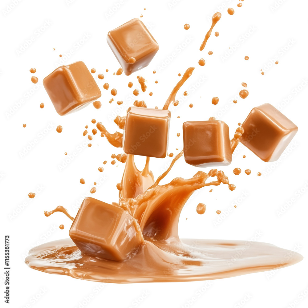 Poster caramel candies splashing isolated transparent background