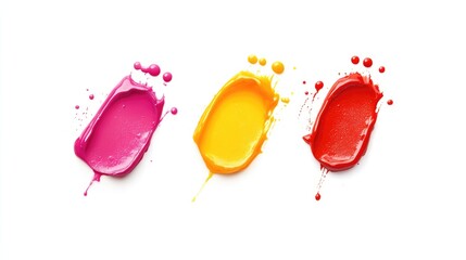 Colorful nail polish stains in pink, yellow, and red on a white background showcasing beauty and cosmetic themes for marketing purposes.