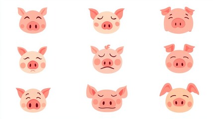 A playful arrangement of cartoon pig faces showcasing various emotions, ideal for children's content or farm-themed designs.