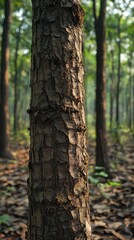 Trunk of a tree in a lush forest with sunlight filtering through the leaves in the background mobile wallpaper 4K