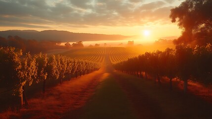 Sunrise over misty vineyard rows.