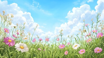 Obraz premium A vibrant field of colorful flowers under a bright blue sky with fluffy clouds, creating a serene and cheerful atmosphere.