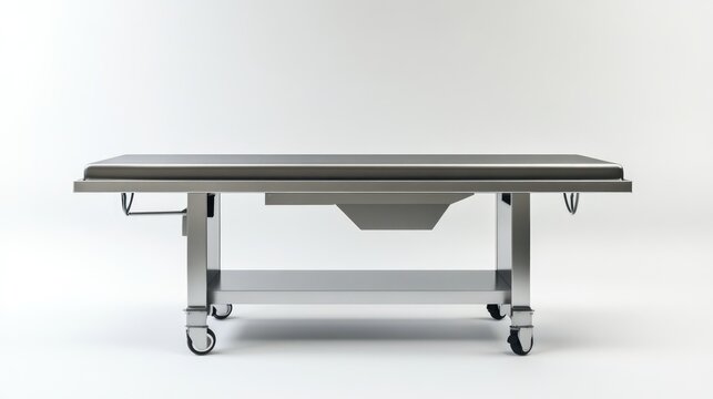 Stainless steel surgical operating table with wheels on a neutral background for medical and healthcare purposes