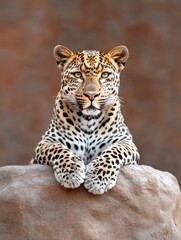 Naklejka premium Close-up Portrait of a Leopard Resting - Majestic leopard, powerful, serene, watchful, wild. A close-up portrait showcasing its beauty and strength.