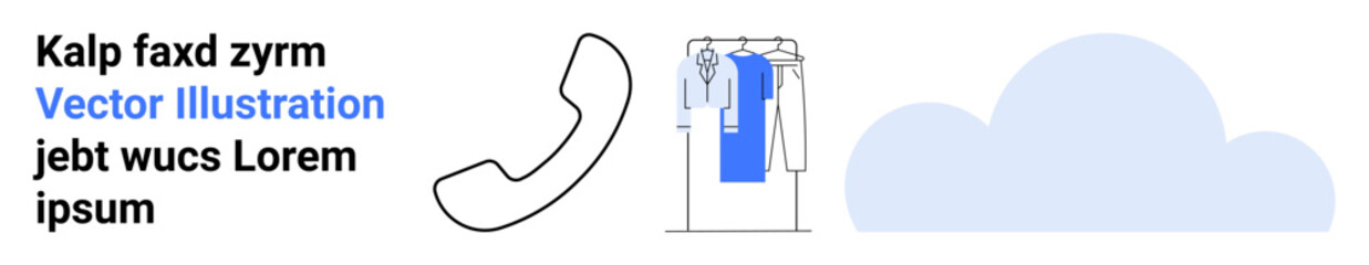 Telephone receiver, clothing rack with garments, cloud icon. Ideal for communication services, fashion retail, online shopping, customer support, cloud storage digital marketing web design. Landing