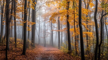 Fototapeta premium Enchanting Autumn Forest Path in Morning Mist with Vibrant Foliage : Generative AI