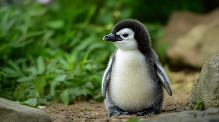 Naklejka premium Cute Fluffy Penguin Chick Standing on Greenery Surrounded by Rocks : Generative AI